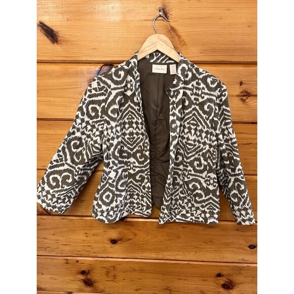 Chicos Jacket Women Size M Brown Beige Geometric Print Cropped Lined 3/4 sleeve - Picture 1 of 6